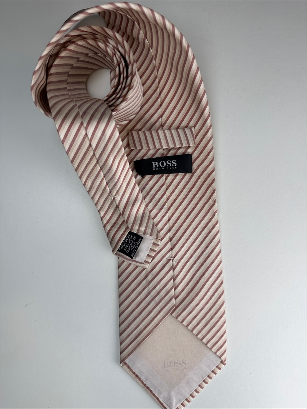 Hugo Boss 100% Silk Tie - Cream & Burgundy Pinstripe